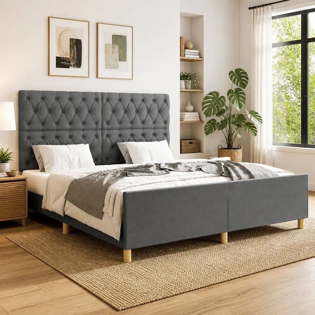 Grey Fabric Queen Bed Frame 152x203cm