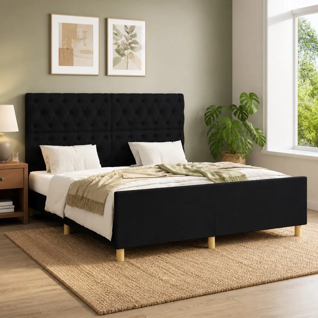Queen Bed Frame with Headboard Black Fabric 152x203 cm Bedroom Furniture