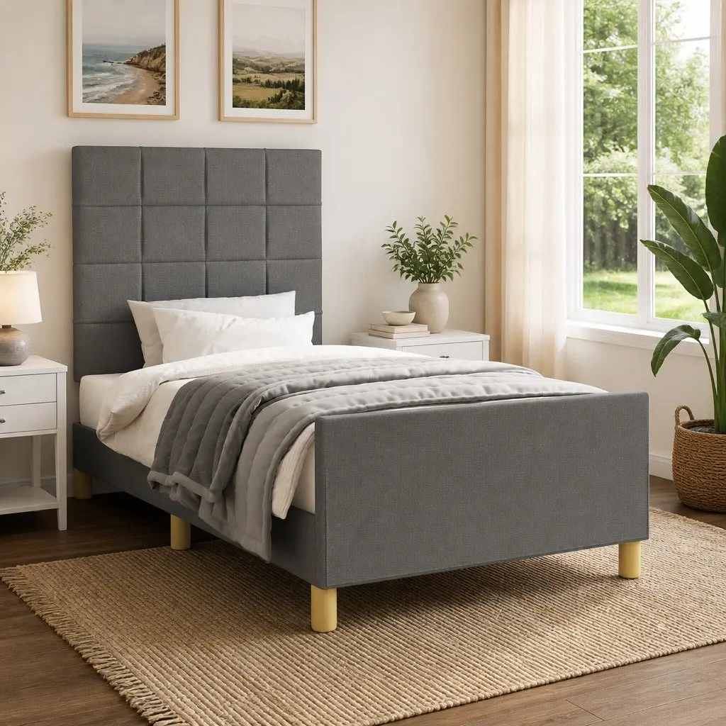 King Single Bed Frame Grey Fabric Adjustable Height 107 x 203 cm
