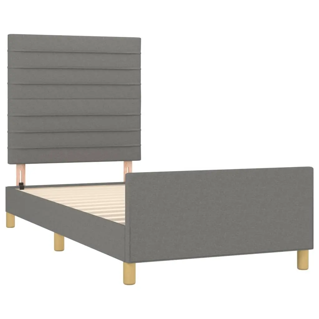 King Single Bed Frame Grey Fabric Headboard Adjustable Height Plywood Slats