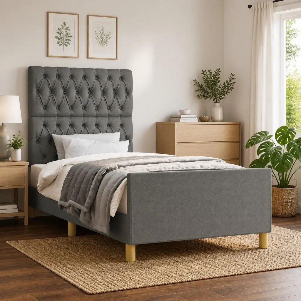 King Single Bed Frame Upholstered Grey Fabric 107x203 cm