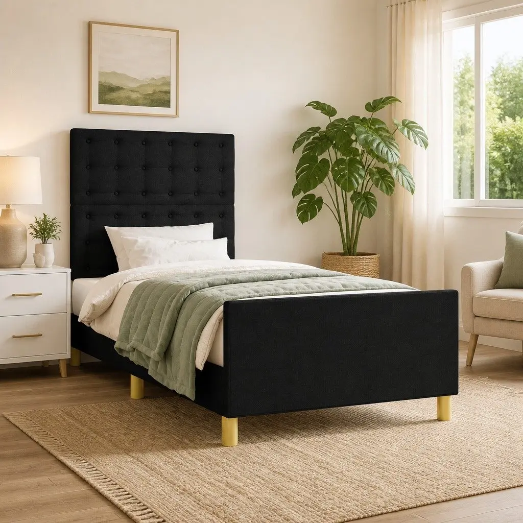 Bed Frame Fabric Headboard King Single Size 107x203 cm Black