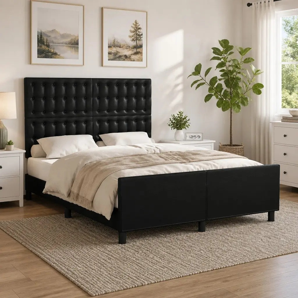 Double Bed Frame Black Faux Leather Headboard 137x187cm