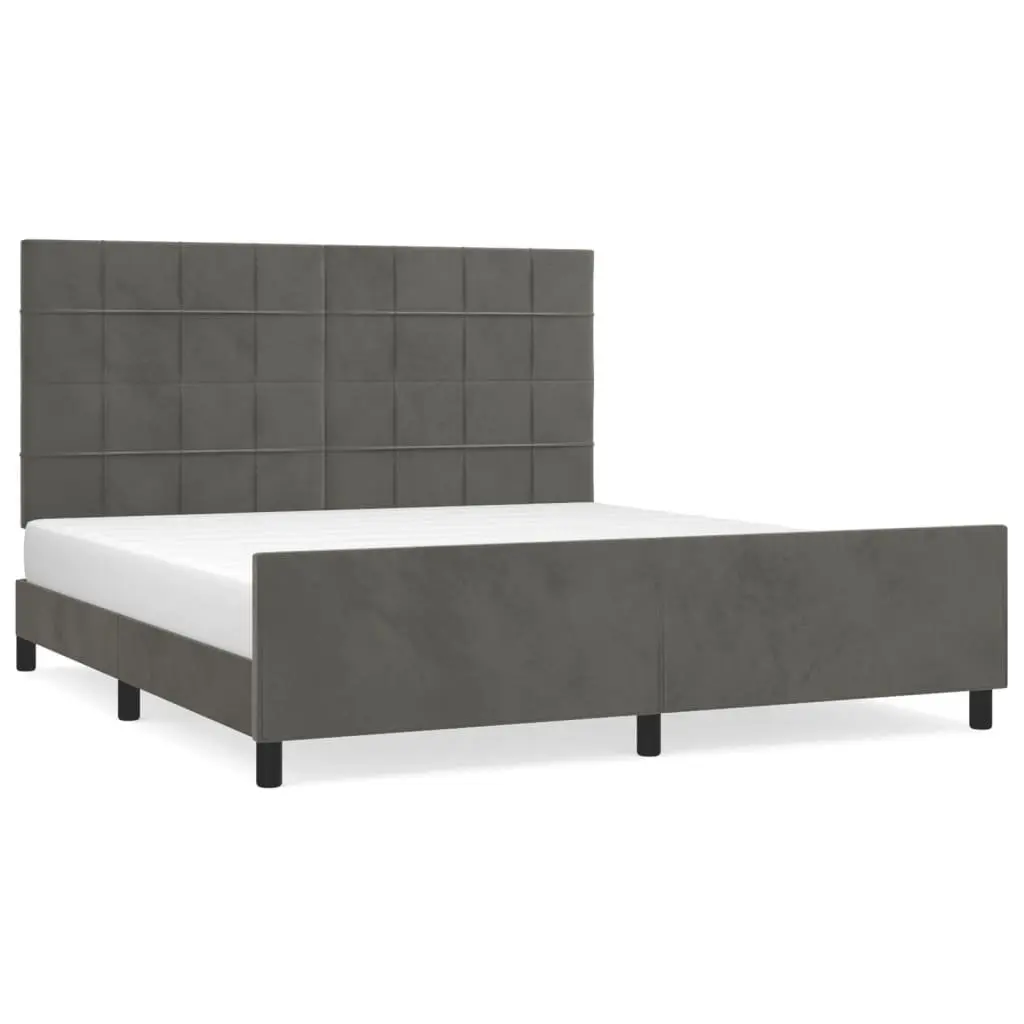 Queen Bed Frame Adjustable Headboard Velvet Upholstery Plywood Slats Sturdy Legs Dark Grey 152 x 203 cm