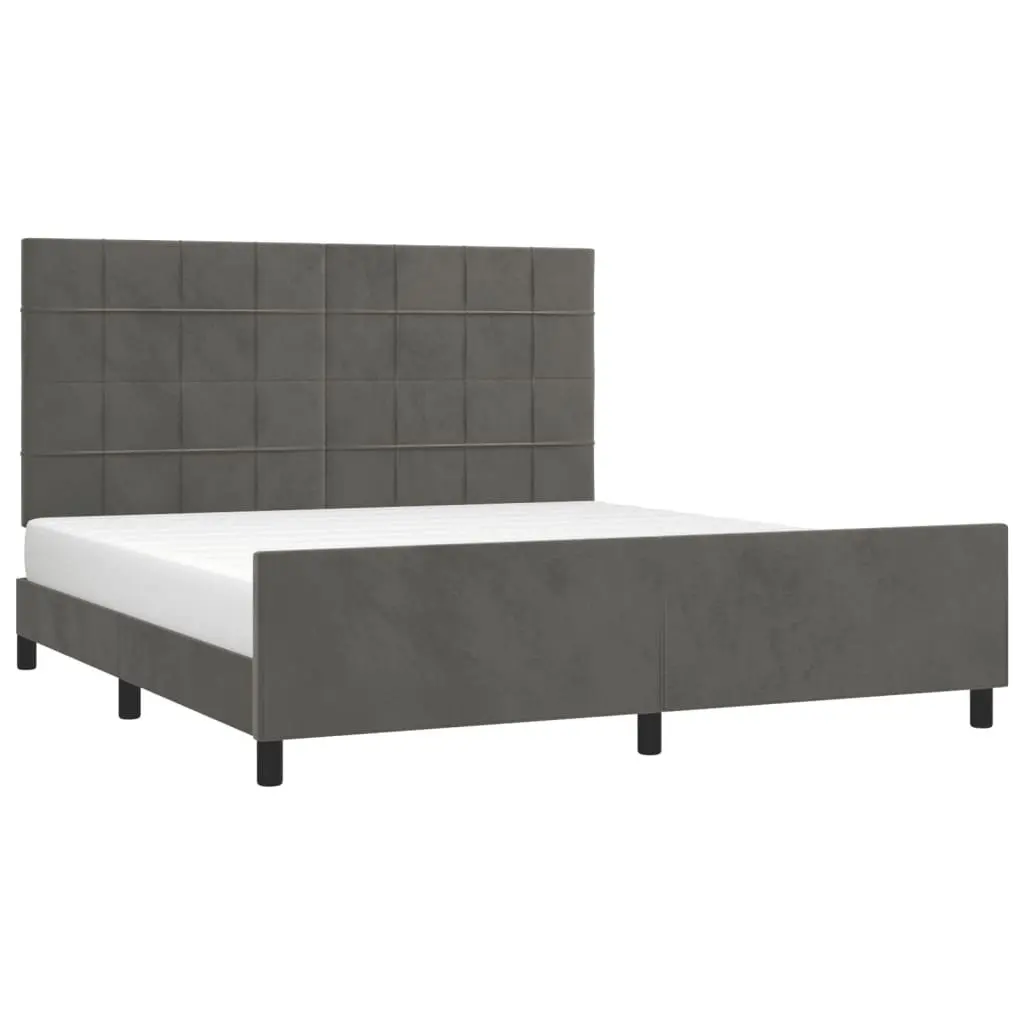 Queen Bed Frame Adjustable Headboard Velvet Upholstery Plywood Slats Sturdy Legs Dark Grey 152 x 203 cm