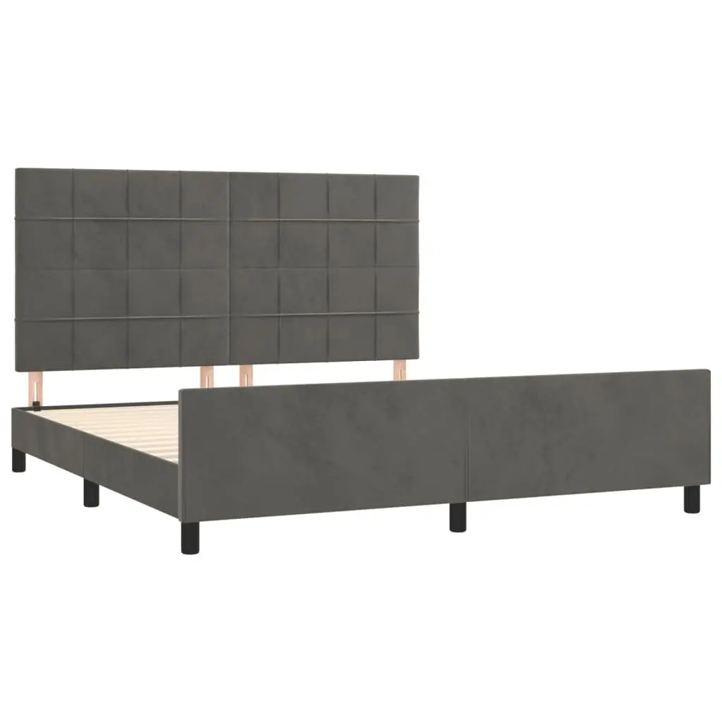 Queen Bed Frame Adjustable Headboard Velvet Upholstery Plywood Slats Sturdy Legs Dark Grey 152 x 203 cm