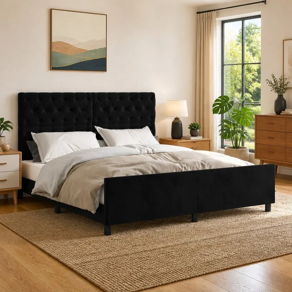 Queen Bed Frame 152x203cm Black Velvet Headboard Adjustable Height Bedroom