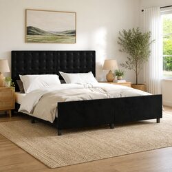 Queen Bed Frame 152x203cm Black Velvet Headboard Adjustable Height Plywood Slats