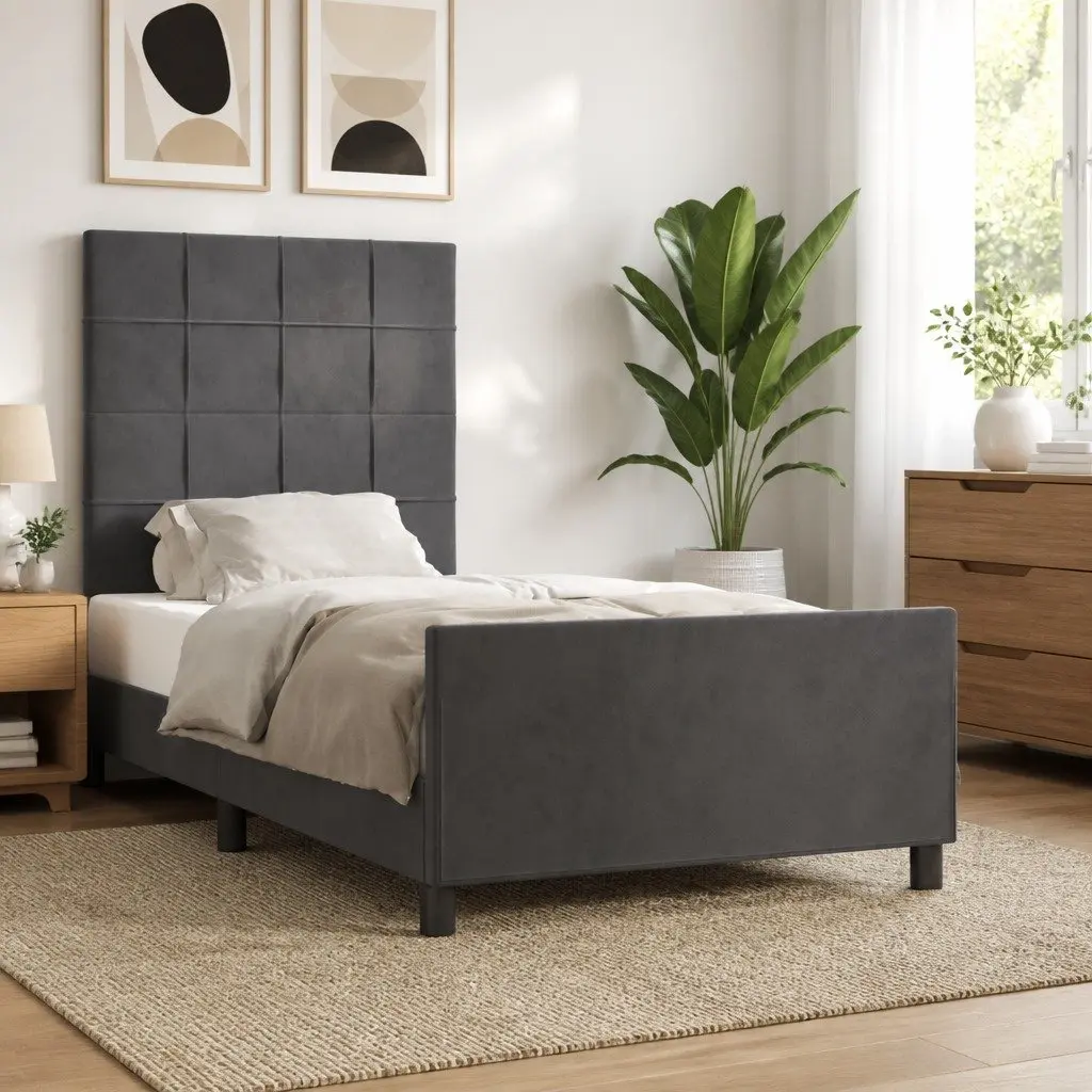 King Single Bed Frame Grey Velvet Headboard Adjustable 107x203cm