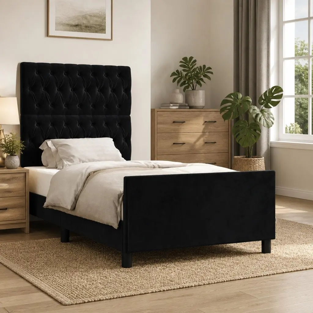 Black Velvet King Single Bed Frame Adjustable Headboard 107x203cm