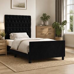 King Single Bed Frame Black Velvet Headboard Adjustable 107x203cm No Mattress