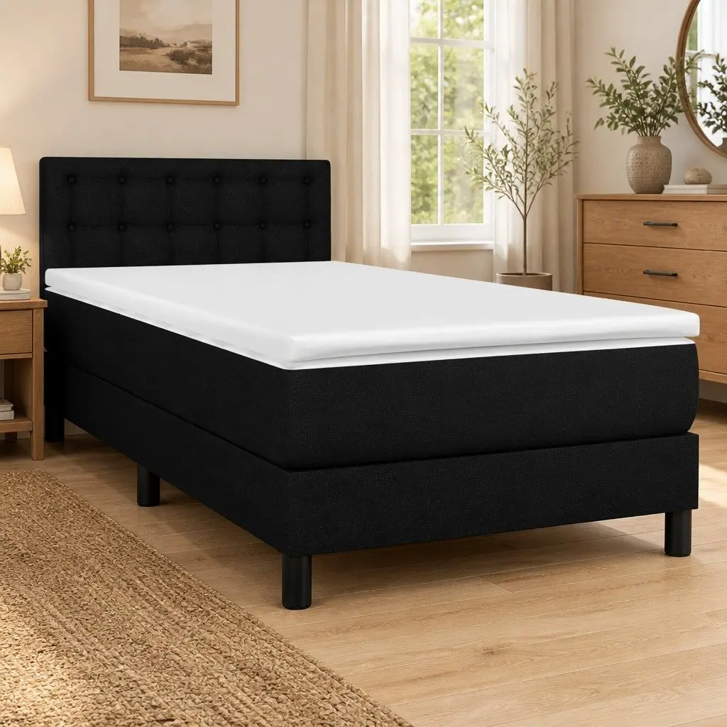 Box Spring Bed with Pocket Spring Mattress Adjustable Headboard King Single Size Black Fabric