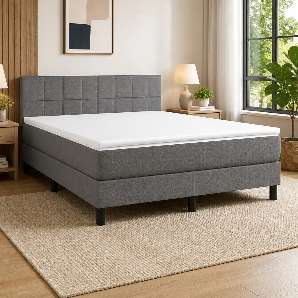 Queen Size Box Spring Bed with Adjustable Headboard and Pocket Spring Mattress Grey Fabric