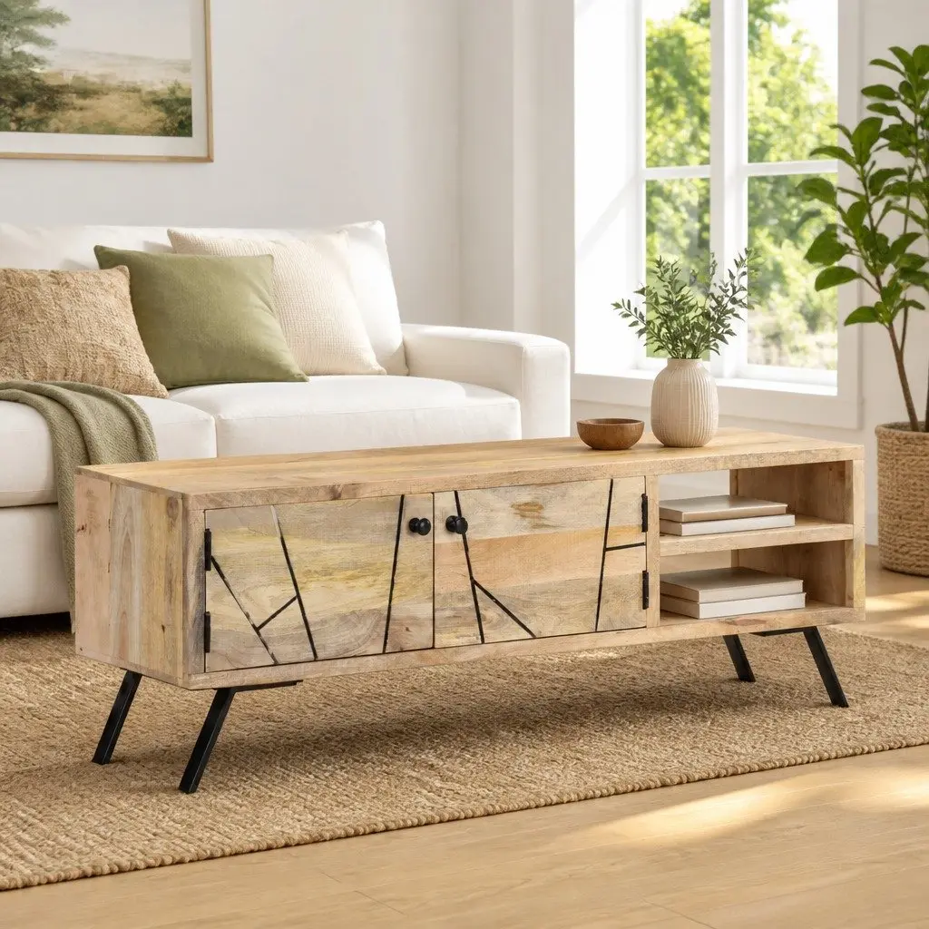 Beige TV Cabinet Solid Mango Wood 110x30x40cm Entertainment Unit