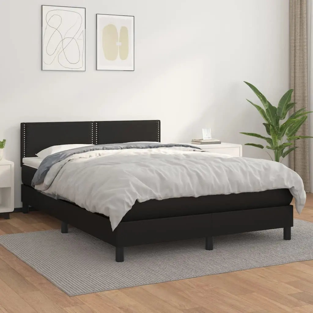 Pocket Spring Mattress Box Spring Bed Queen Size Black Faux Leather with Adjustable Headboard