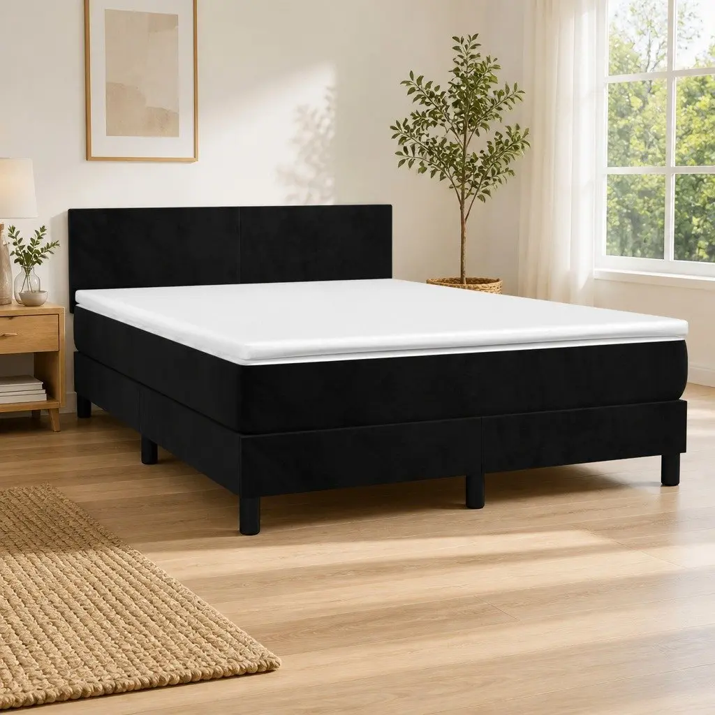 Queen Size Box Spring Bed with Adjustable Headboard and Pocket Spring Mattress Black Velvet 153x203 cm