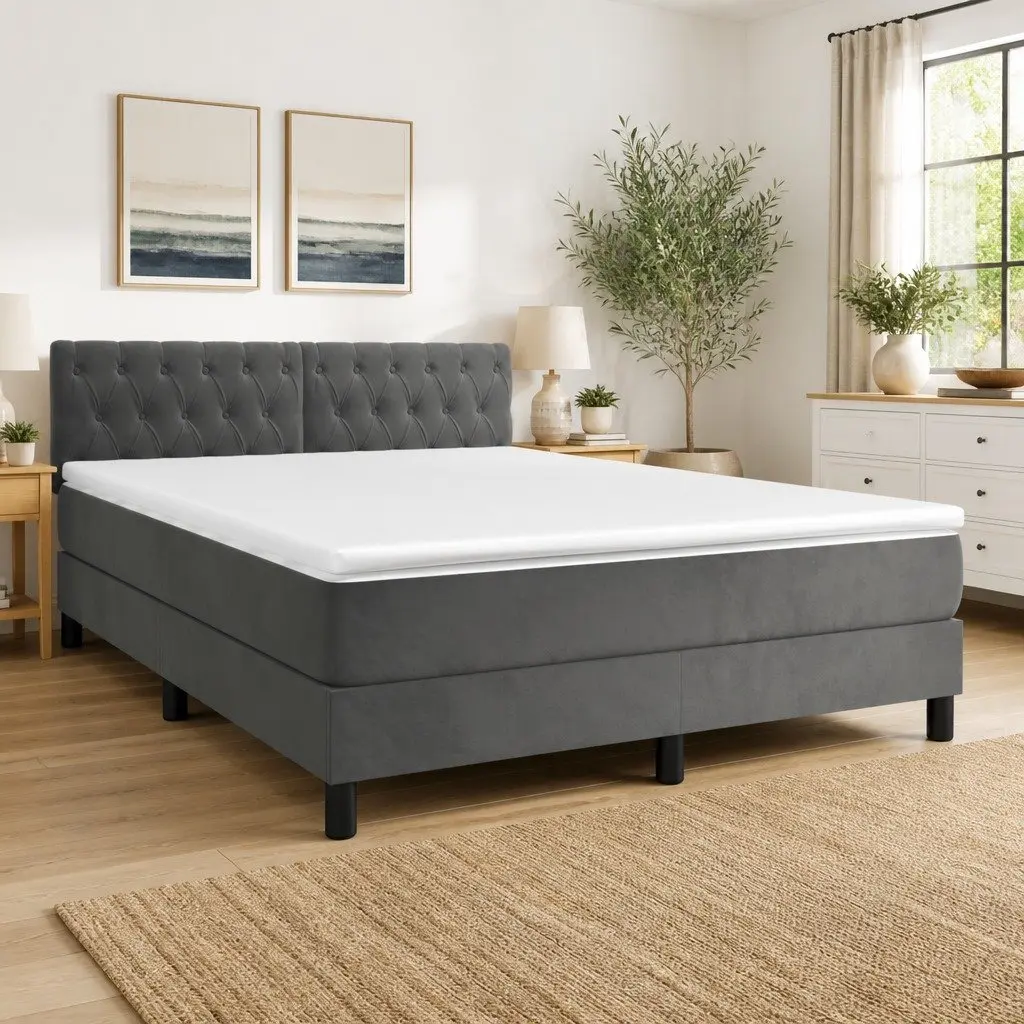 Queen Size Box Spring Bed Velvet Upholstery Adjustable Headboard Pocket Spring Mattress Grey