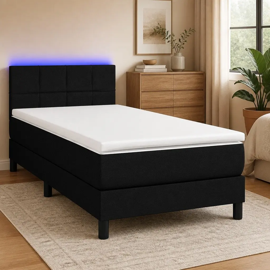 Box Spring Bed with Adjustable LED Headboard Pocket Sprung Mattress King Single Black