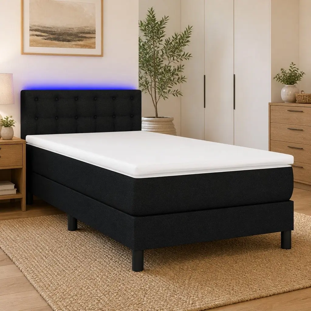 Box Spring Bed with Pocket Spring Mattress Adjustable Fabric Headboard King Single Black