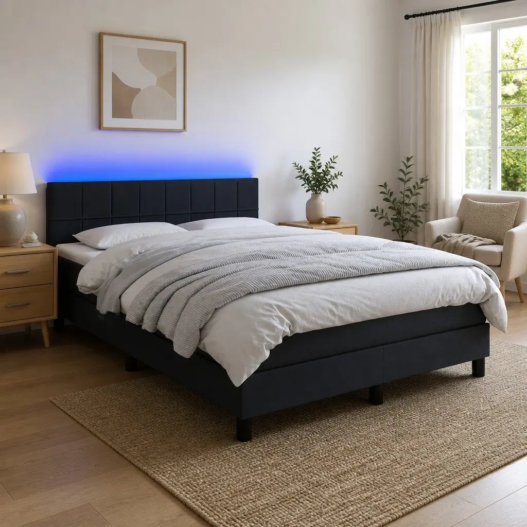 Queen Size Box Spring Bed with Pocket Spring Mattress Adjustable Fabric Headboard Grey