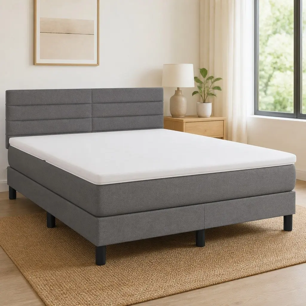 Box Spring Bed with Pocket Spring Mattress Adjustable LED Headboard Queen Size Grey Fabric