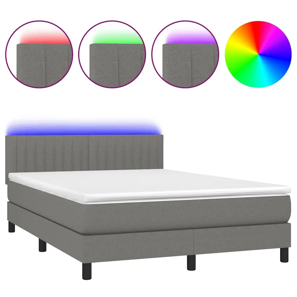 Queen Size Bed Frame with Adjustable LED Headboard Pocket Spring Mattress Grey Fabric