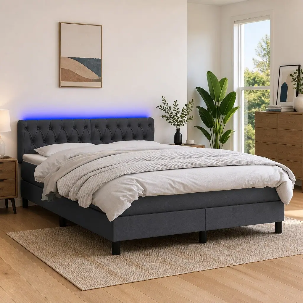 Queen Size Box Spring Bed with Pocket Spring Mattress Adjustable LED Headboard Grey Fabric