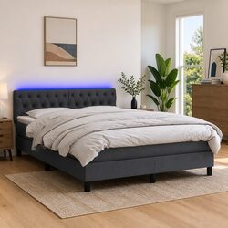 Queen Size Box Spring Bed with Pocket Spring Mattress LED Headboard Grey Fabric