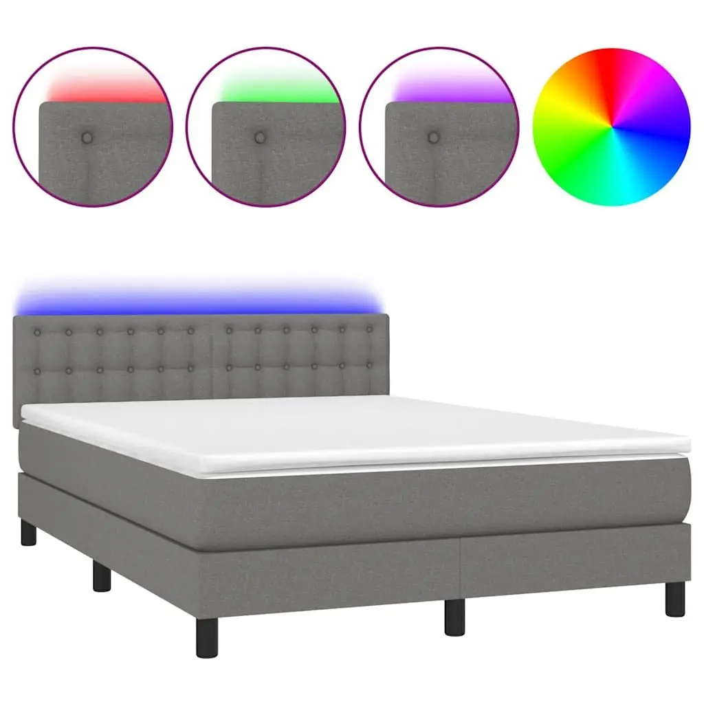 Queen Size Box Spring Bed with Pocket Spring Mattress and LED Headboard Grey Fabric