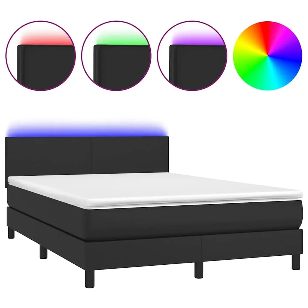 Queen Size Box Spring Bed with Pocket Mattress LED Headboard Black Faux Leather