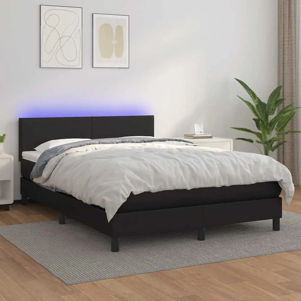 Queen Size Box Spring Bed with Pocket Mattress LED Headboard Black Faux Leather