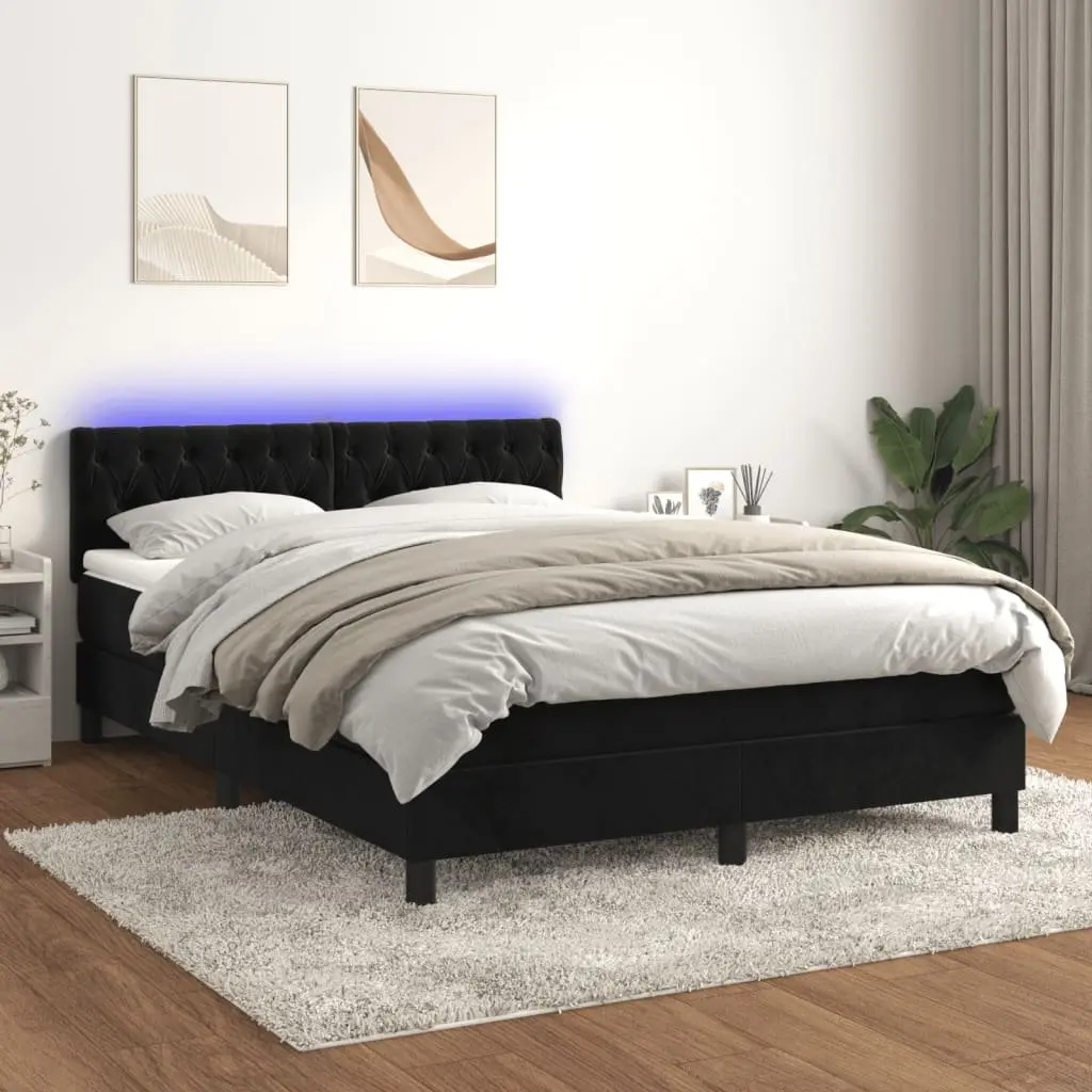 Queen Box Spring Bed with Pocket Mattress LED Headboard Black Velvet 152x203cm