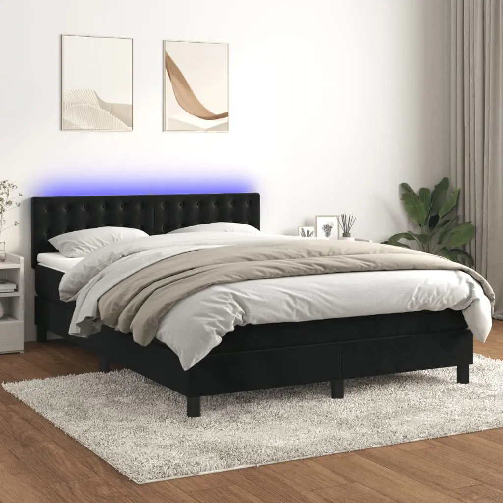Box Spring Bed with Pocket Mattress Adjustable Velvet Headboard LED Black 152x203cm
