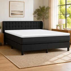 Queen Size Box Spring Bed with Pocket Spring Mattress Black Faux Leather