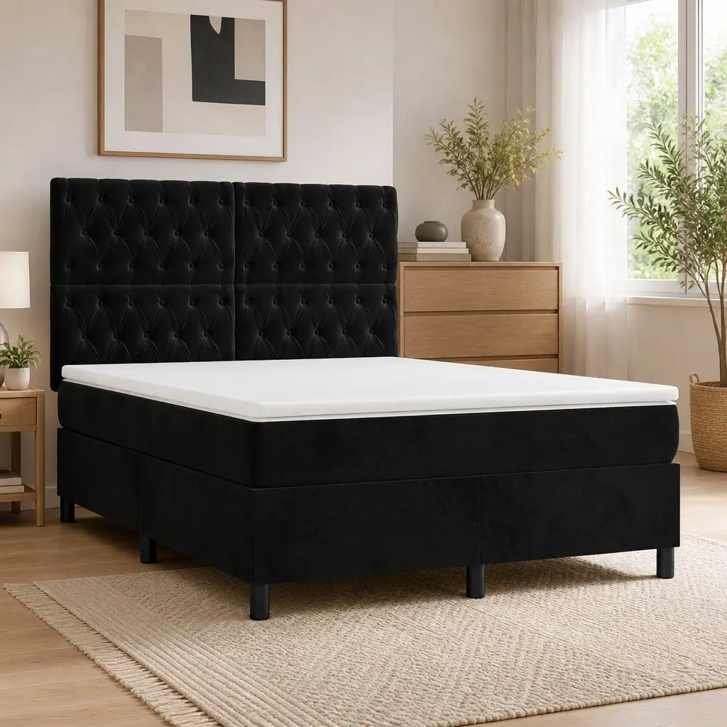 Black Velvet Box Spring Bed Set