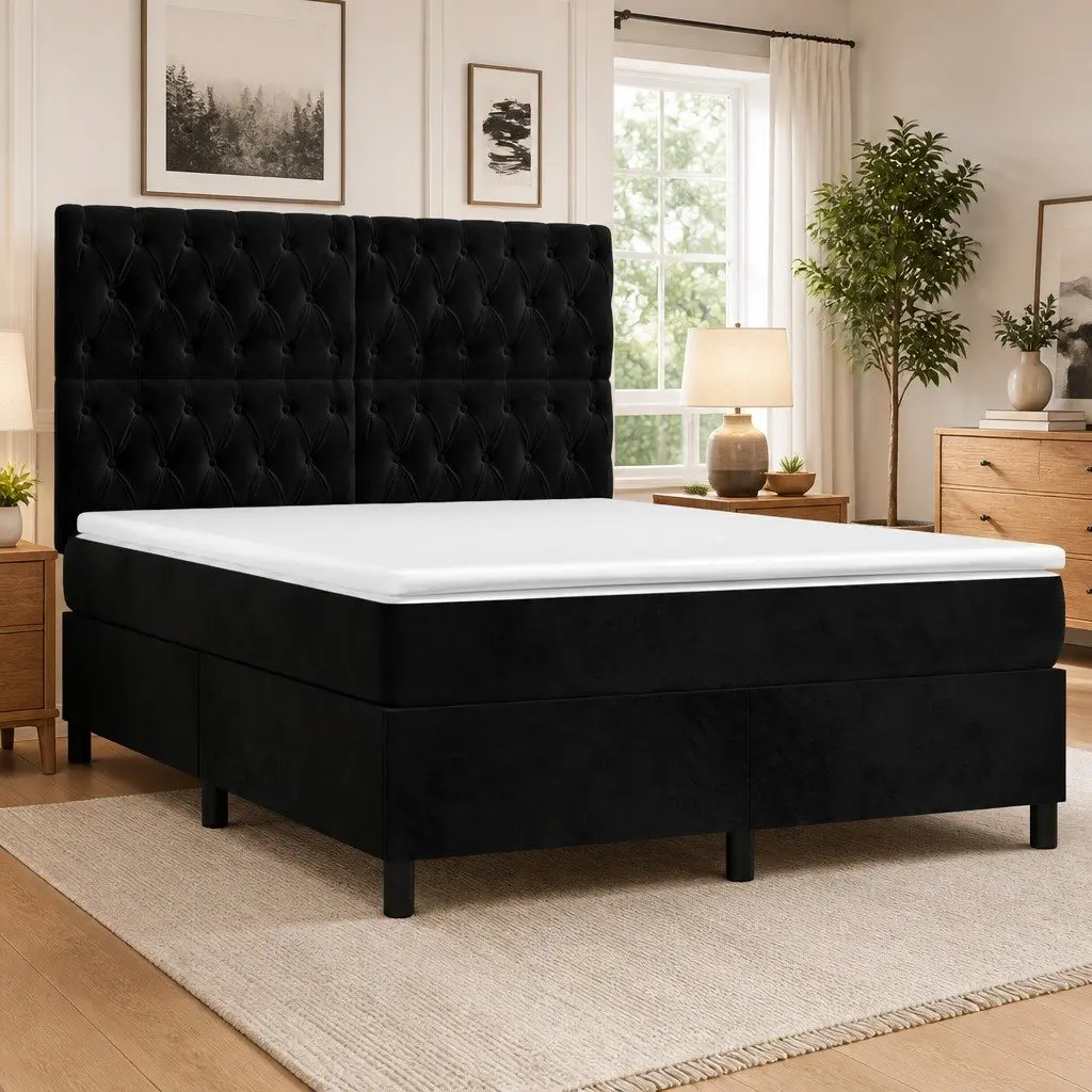 Queen Size Box Spring Bed with Adjustable Headboard Black Velvet Upholstered Frame and Pocket Spring Mattress
