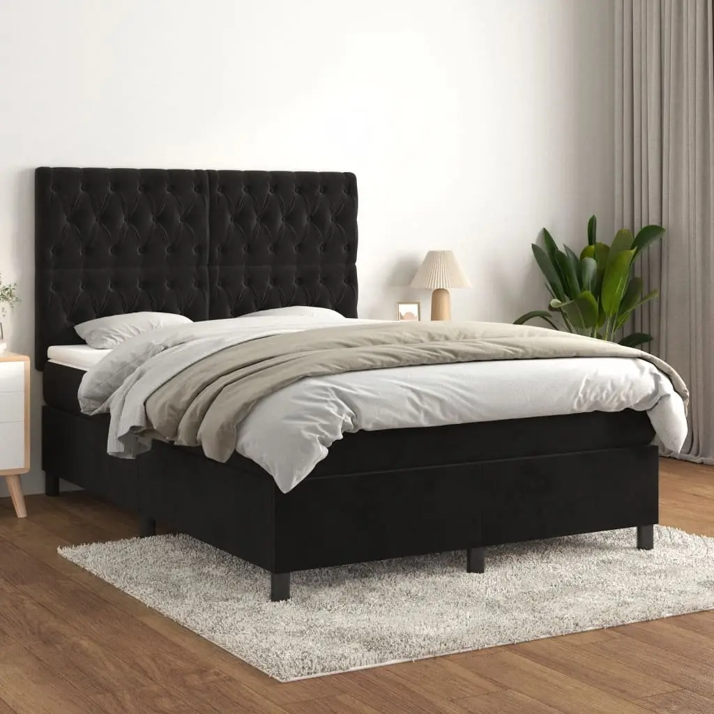 Queen Size Box Spring Bed with Adjustable Headboard Black Velvet Upholstered Frame and Pocket Spring Mattress