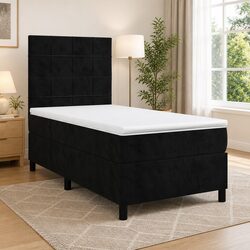 King Single Box Spring Bed with Pocket Spring Mattress Black Velvet 106x203cm