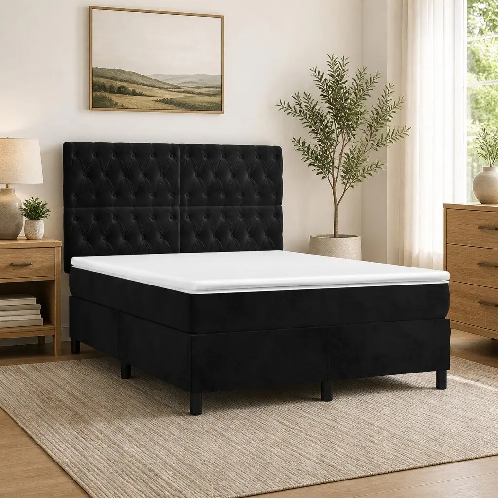 Double Box Spring Bed with Pocket Spring Mattress LED Headboard Black Velvet