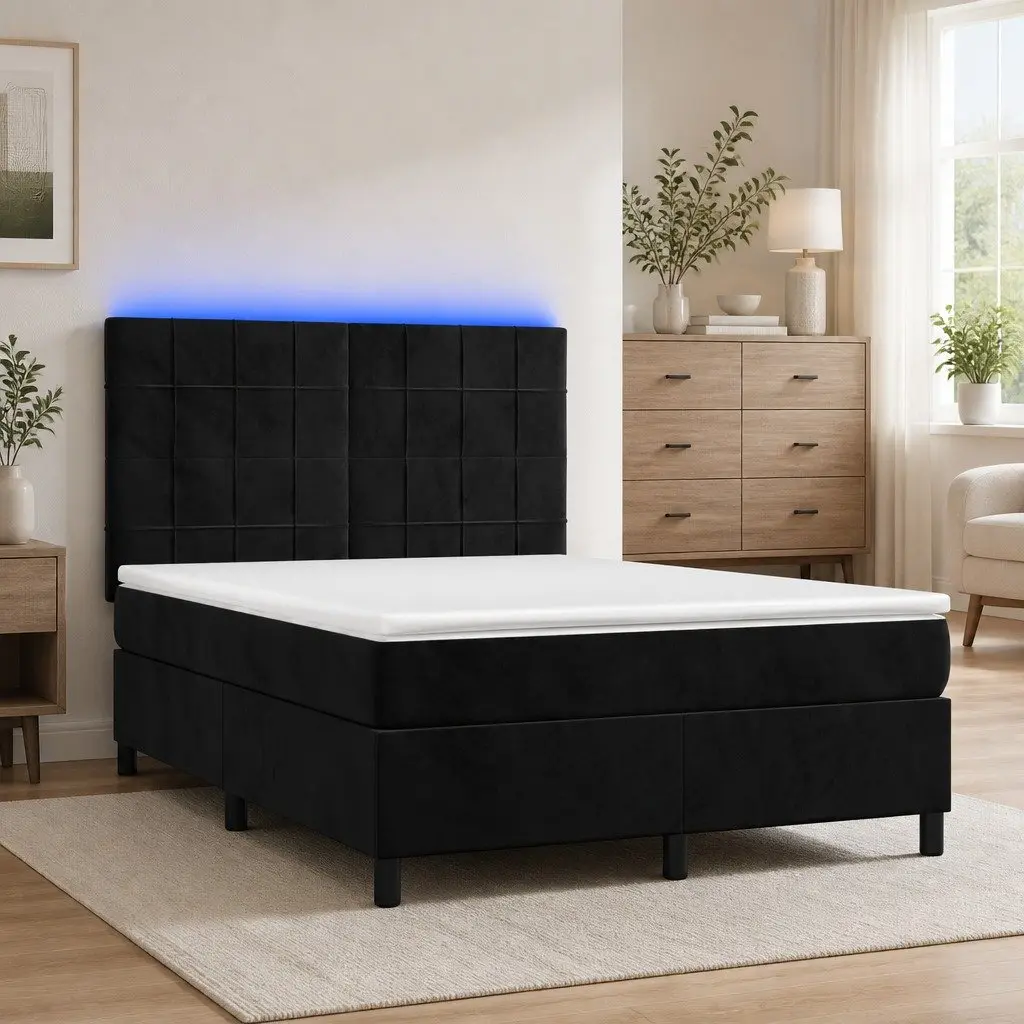 Queen Size Box Spring Bed with Adjustable Velvet Headboard and Integrated LED Lighting