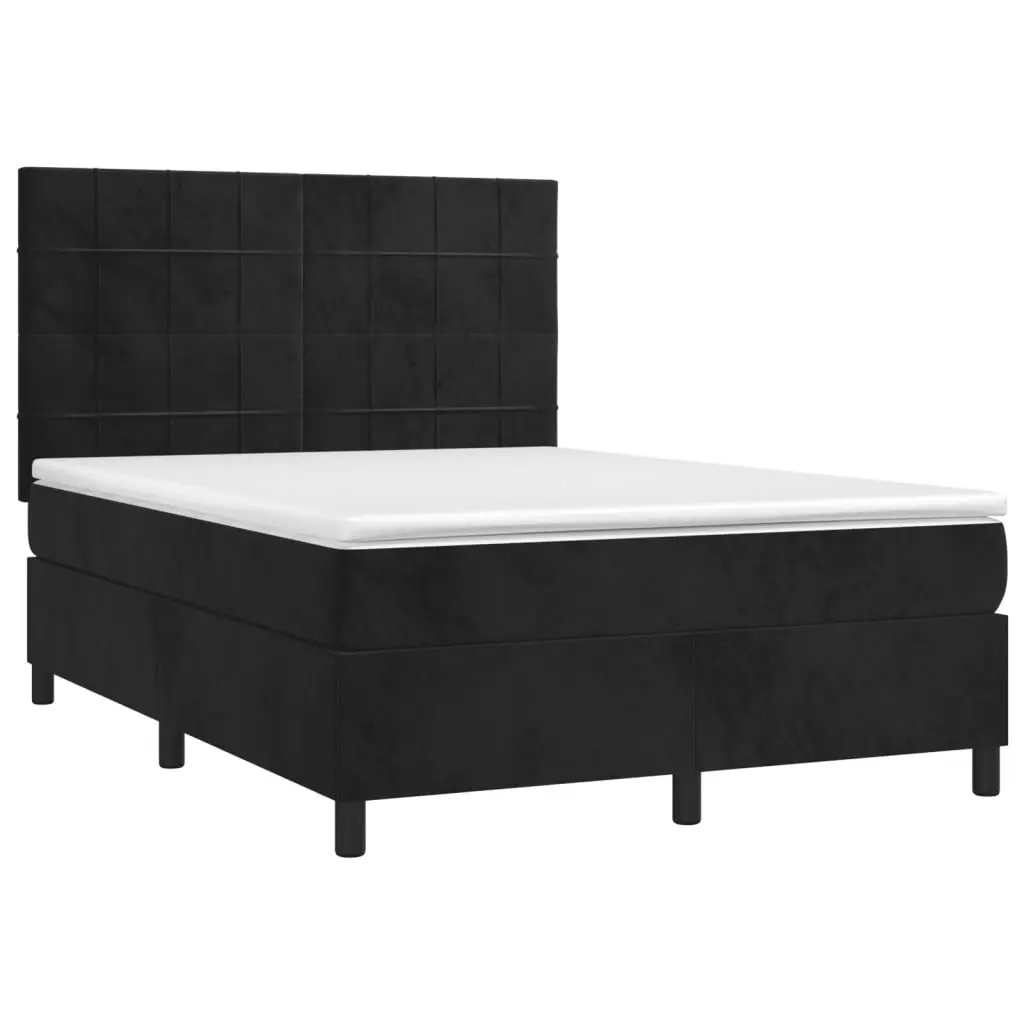 Queen Size Box Spring Bed with Adjustable Velvet Headboard and Integrated LED Lighting