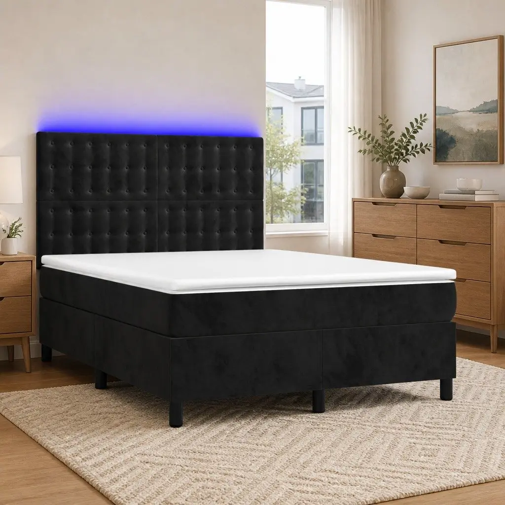Queen Size Box Spring Bed with Pocket Spring Mattress Adjustable LED Headboard Black Velvet