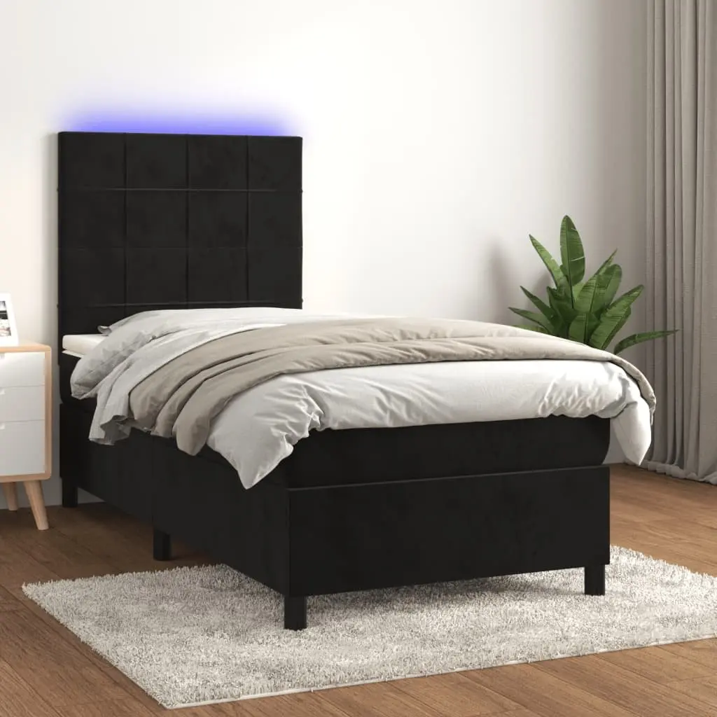Box Spring Bed with Pocket Spring Mattress Adjustable Velvet Headboard King Single Size Black