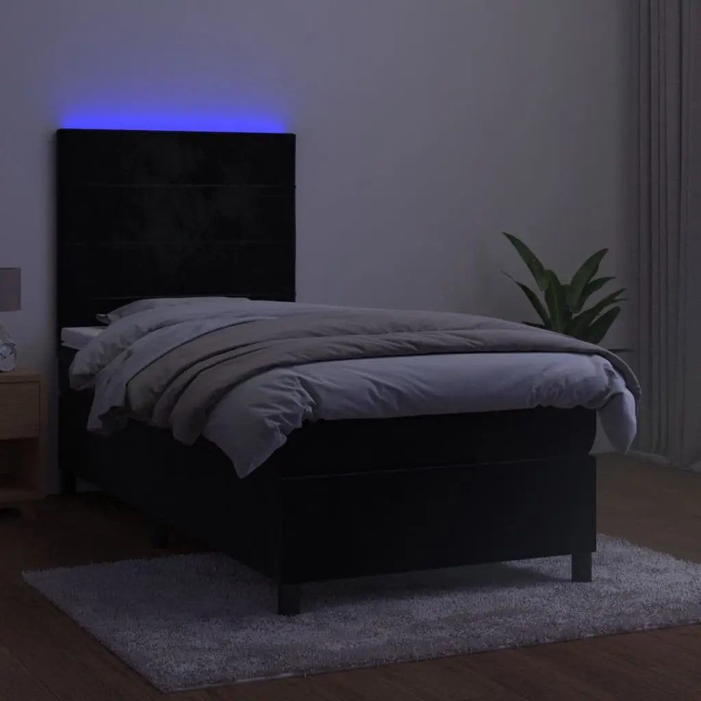Box Spring Bed with Pocket Spring Mattress Adjustable Velvet Headboard King Single Size Black