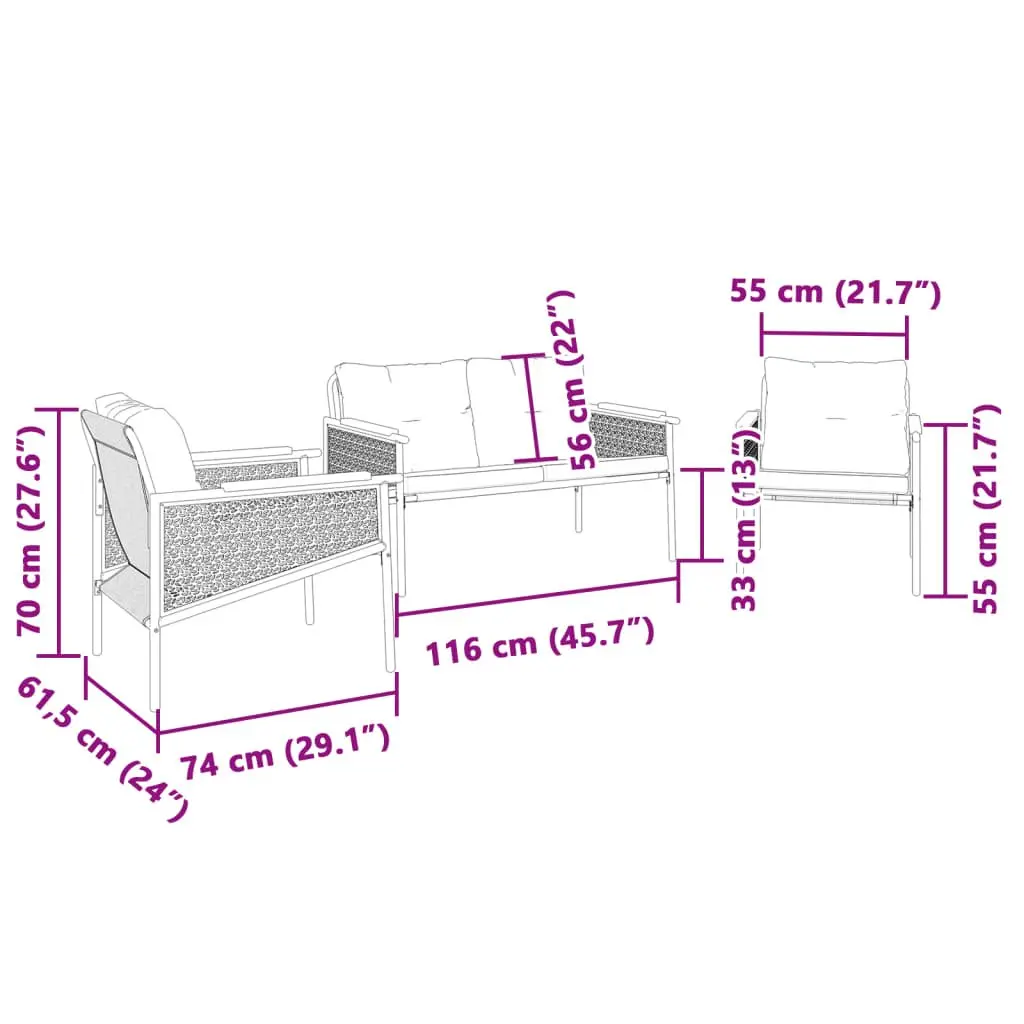 Outdoor Seating Furniture Set 3 Piece Black Steel Frame Cushioned Textilene for Patio Balcony Garden