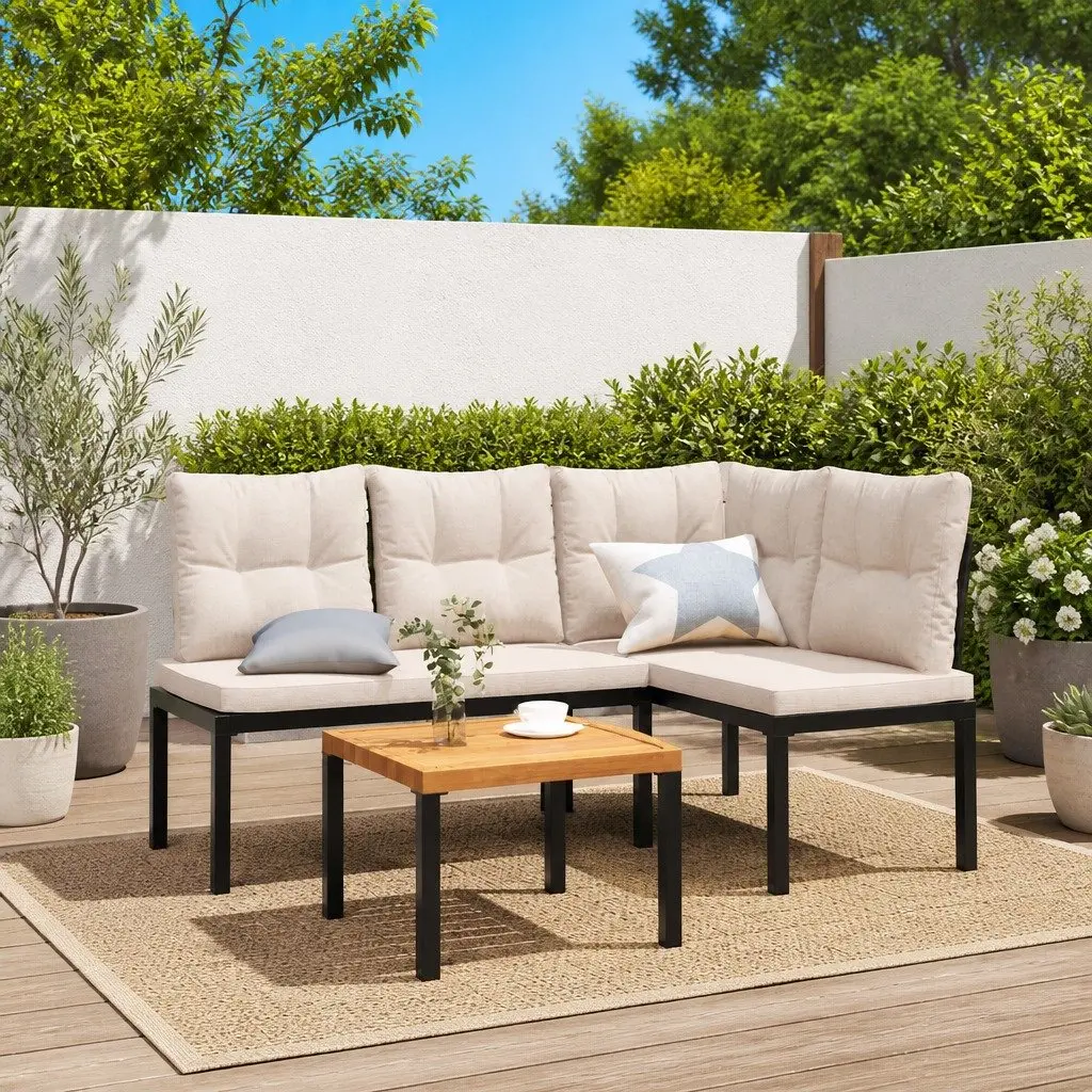 Outdoor Garden Bench Set Black Steel with Cushions 3 Pieces