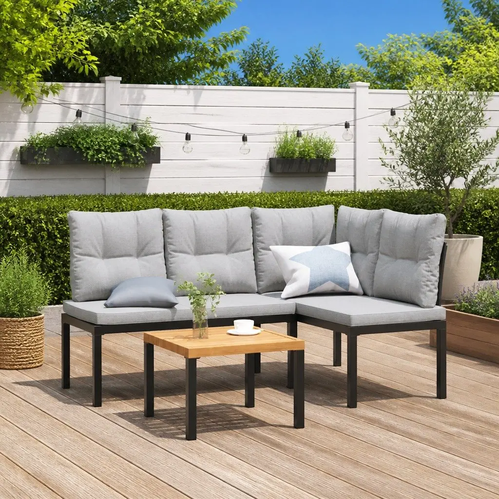 Garden Bench Set Black Steel Frame 3 Pieces Outdoor Furniture with Cushions