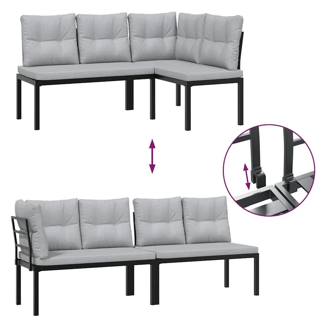 Garden Bench Set Black Steel Frame 3 Pieces Outdoor Furniture with Cushions