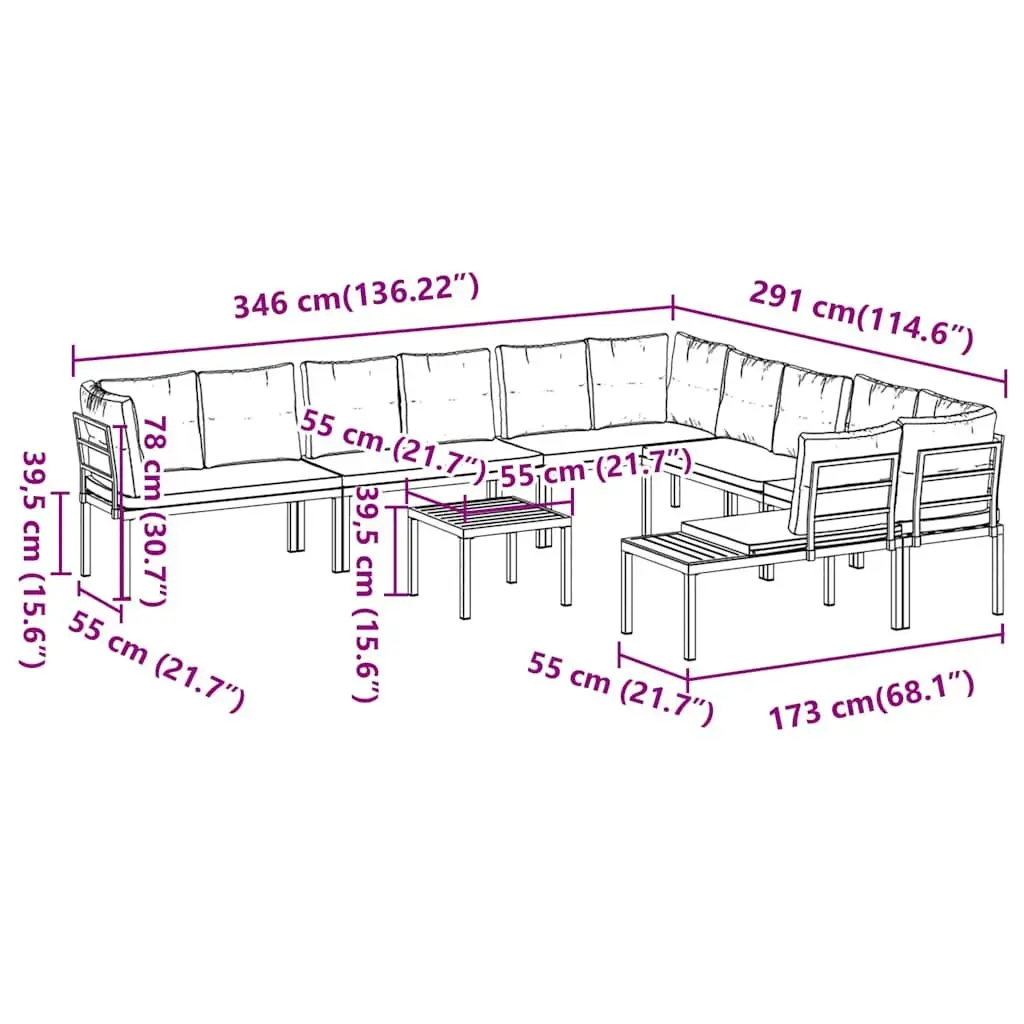 Garden Sofa Set 7 Piece Outdoor Furniture Black Steel Frame Patio Seating with