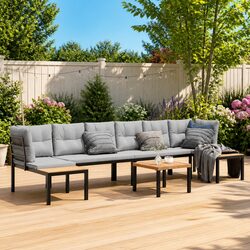 5 Piece Garden Sofa Set with Cushions Light Grey Powder-coated Steel Outdoor